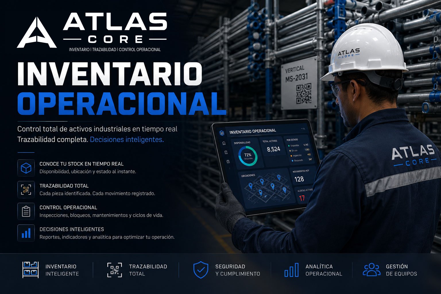 Dashboard de Atlas Core con control central de inventario operacional