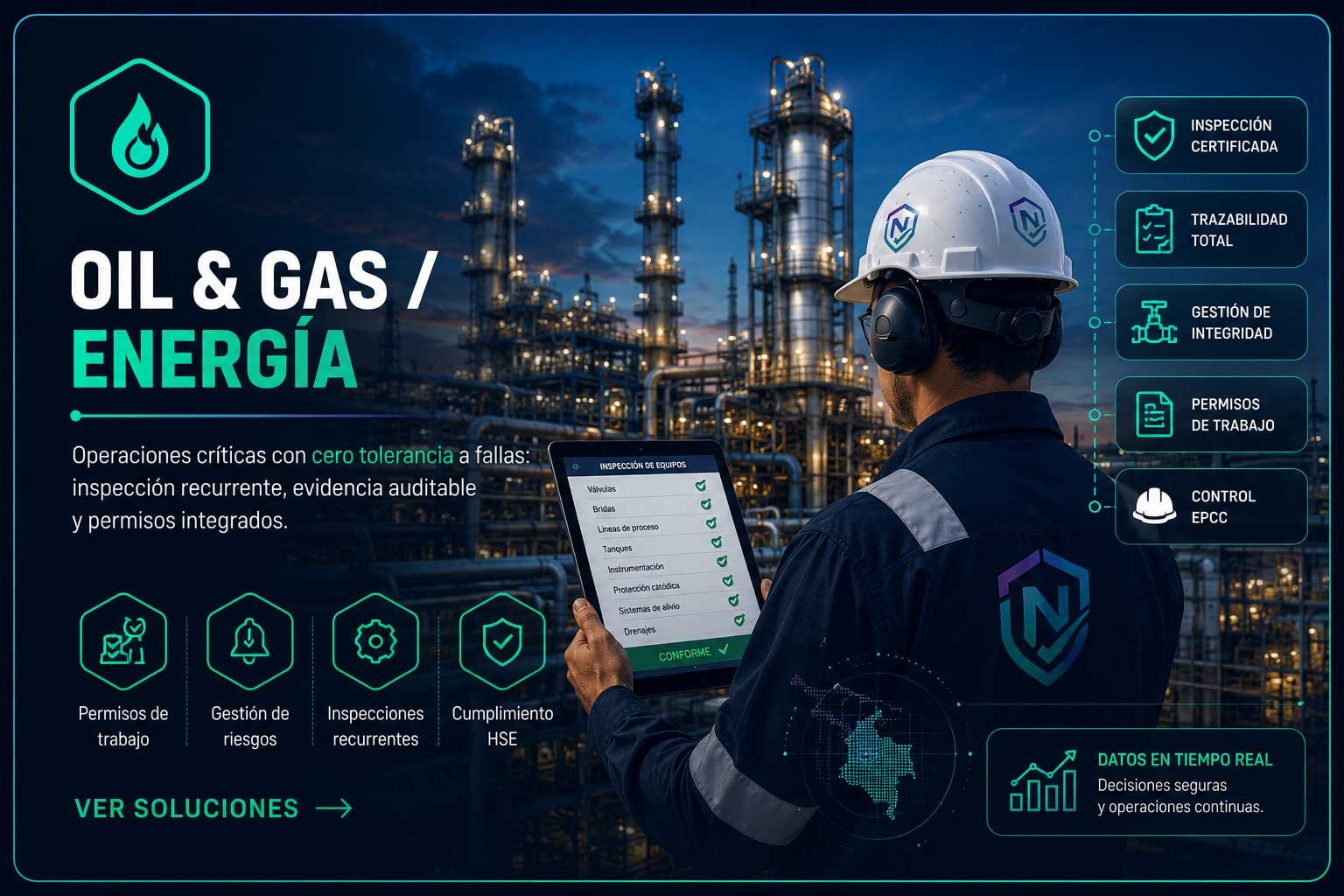Plataforma de oil and gas con personal HSE