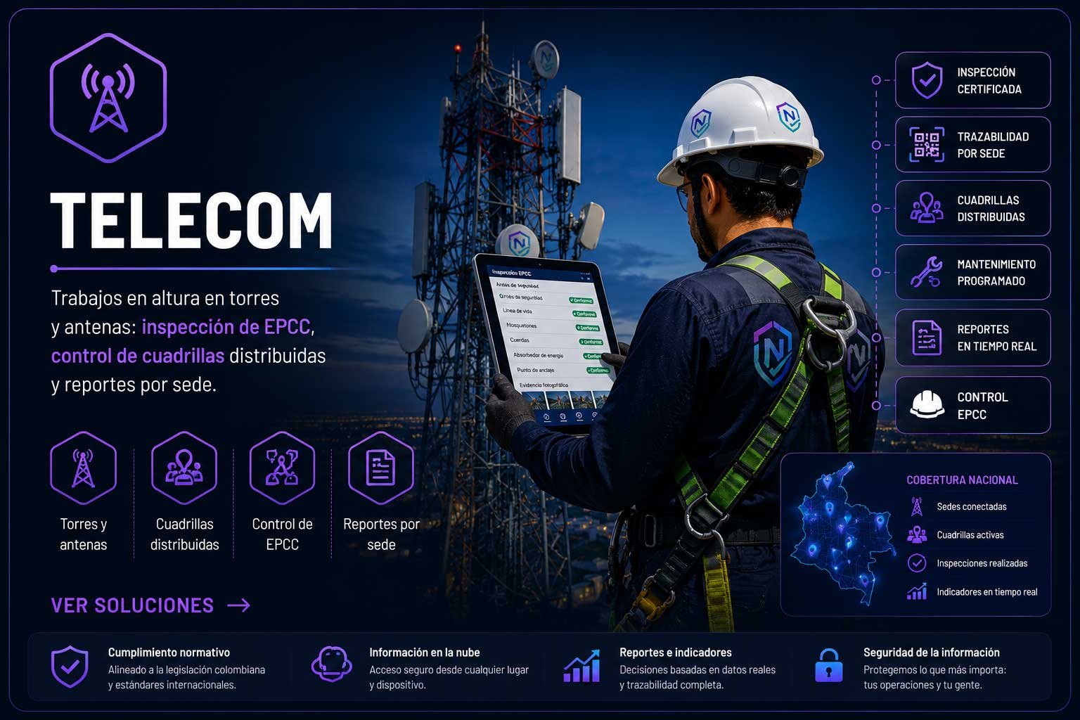Torre de telecomunicaciones con técnico ascendiendo