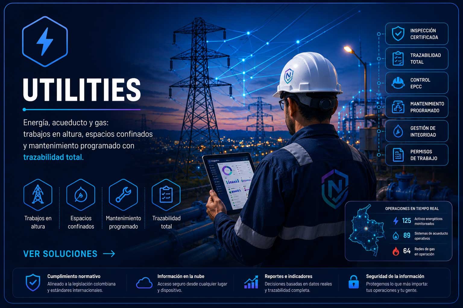 Operario de servicios públicos en torre de utilities
