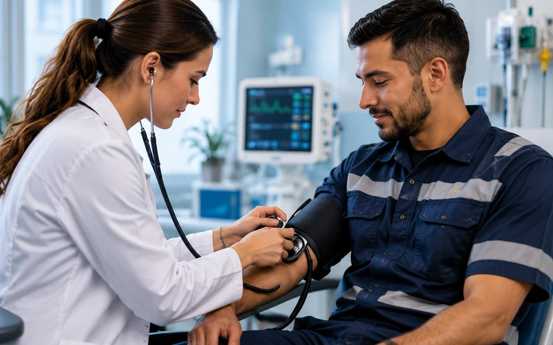 Médico ocupacional tomando la tensión a un trabajador