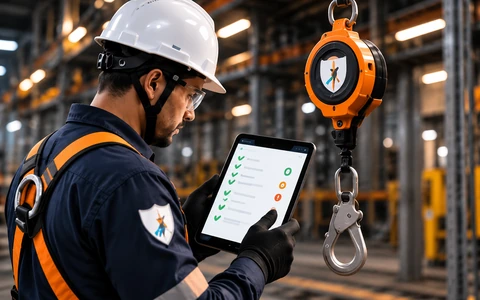 Inspector con tableta y equipo anticaídas en una planta industrial